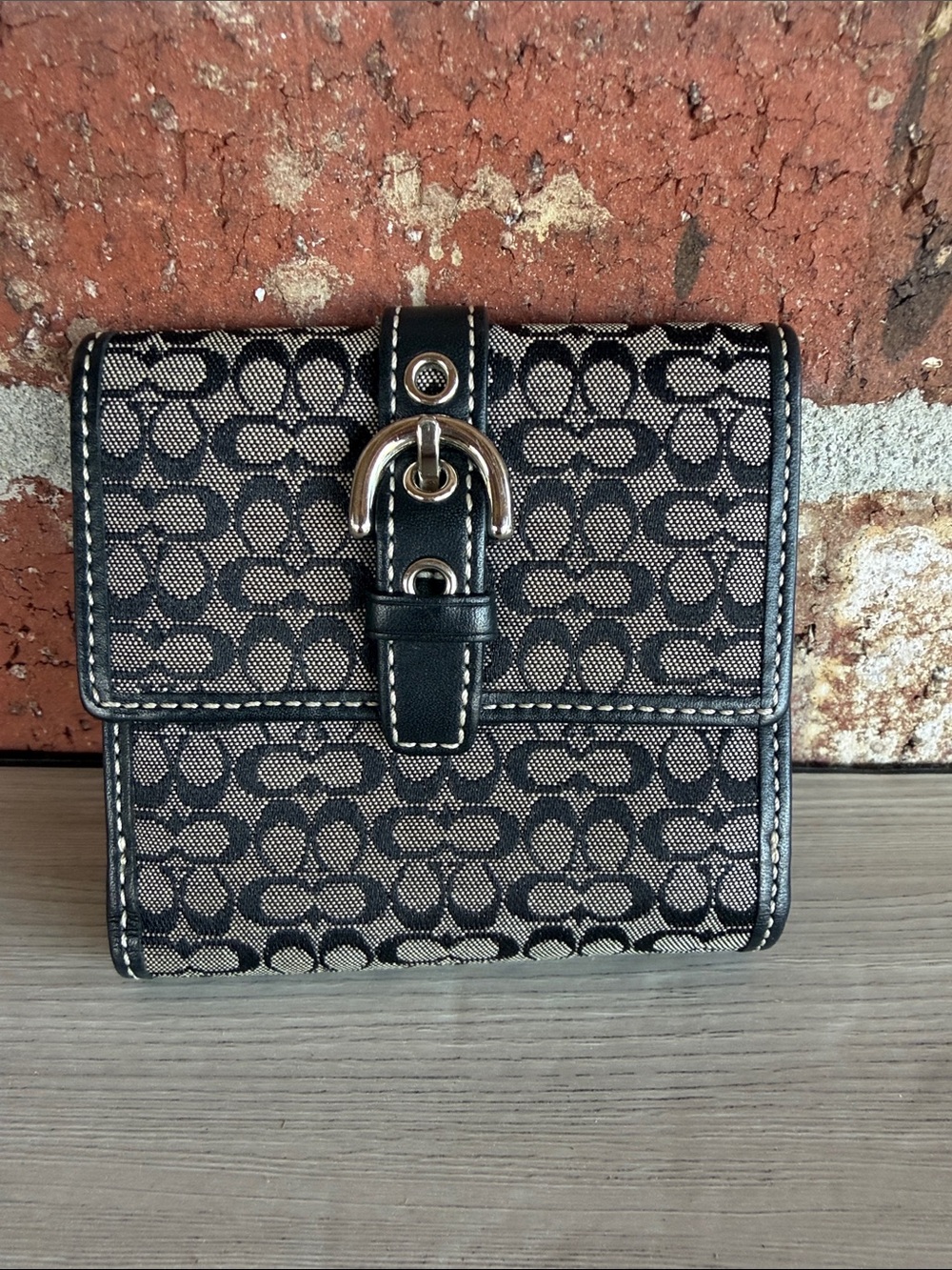 Coach Black and Beige Signature Jacquard Wallet with Buckle